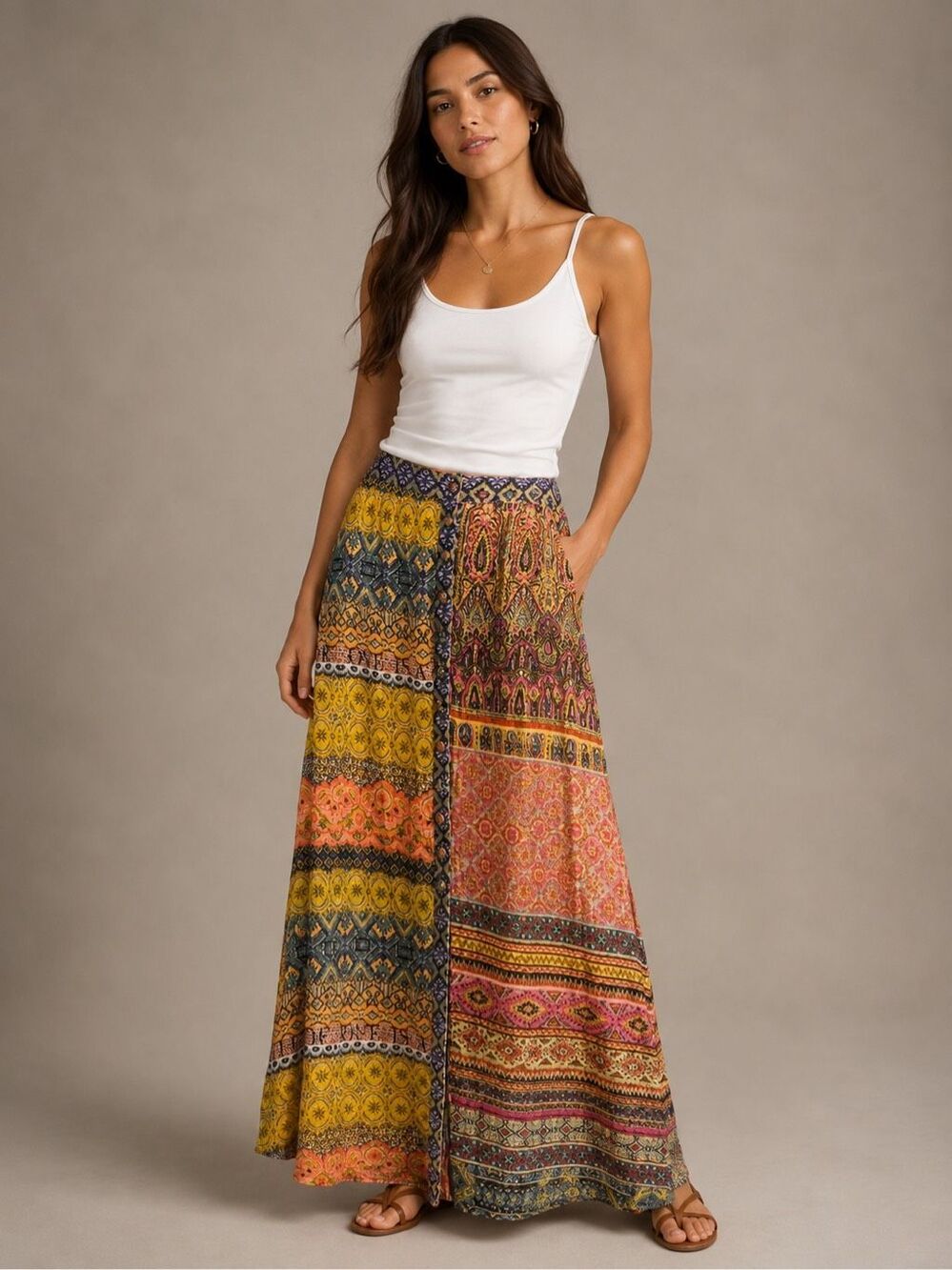Desigual Colorful Maxi Skirt Patchwork Size 42 Large Metallic Accent Boho